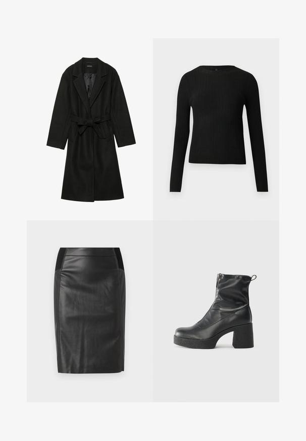Even&Odd BELTED COAT - Klasisks mētelis - black; Melna, ribota, garām piedurknēm pieguļoša džemperis ar apaļu kakla izgriezumu, izlikta pret vienkāršu gaišu fonu.; Melnas ādas zīmuli svārki ar pieguļošu dizainu, gludu tekstūru un elastīgu jostasvīru abās pusēs. Plakans apmale apakšā.; Melni potītes zābaki, kas izgatavoti no gludas ādas, ar sānu rāvējslēdzēju, masīvu strukturētu papēdi un noapaļotu purngalu.