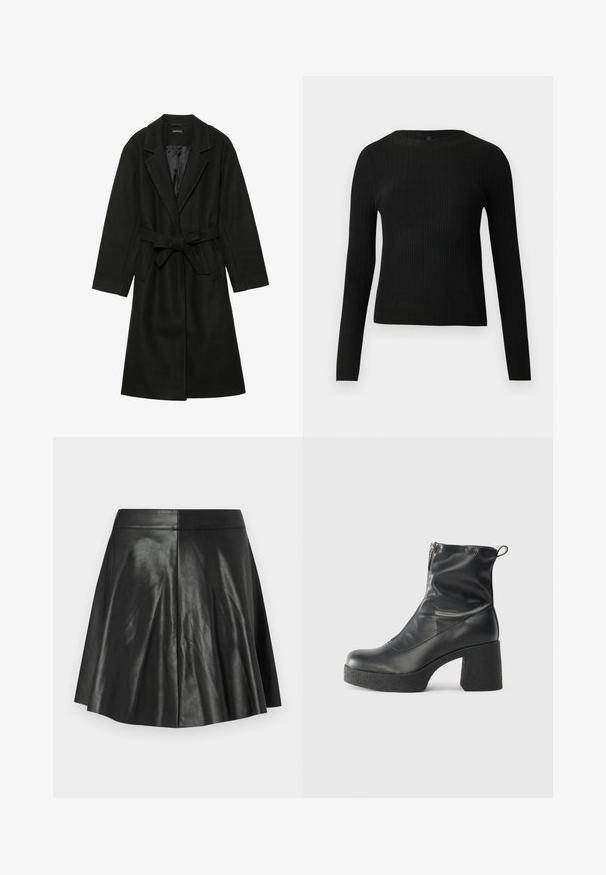 Even&Odd BELTED COAT - Abrigo clásico - black; Suéter negro de manga larga ajustado con estampado de canalé y cuello redondo, exhibido sobre un fondo claro y liso.; Minifalda de cuero sintético negra con costuras en panel y una cintura ajustada sobre un fondo claro.; Botines negros de tobillo, hechos de cuero suave, con cierre lateral, tacón grueso texturizado y diseño de punta redondeada.