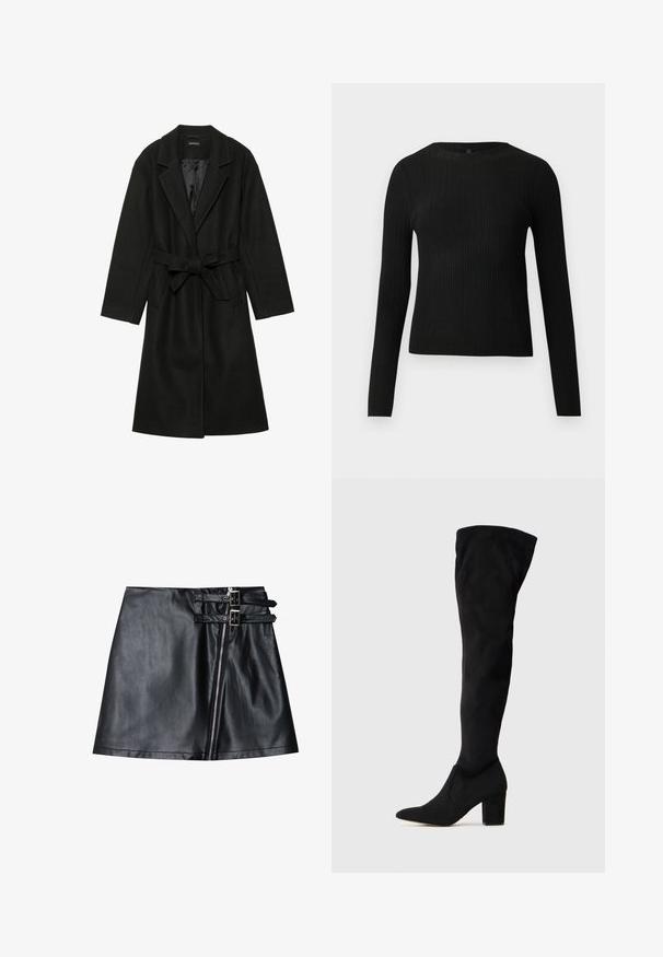 Even&Odd BELTED COAT - Klassisk kåpe / frakk - black; Svart ribbestrikket langermet tettsittende genser med rund hals, vist mot en ensfarget lys bakgrunn.; Even&Odd A-line skjørt - black; Svart suedestøvlett over kneet med spiss tå og tykk, middels høy hæl, vist på en nøytral, lys bakgrunn.