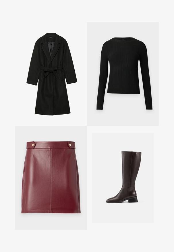Even&Odd BELTED COAT - Klassischer Mantel - black; Schwarzer, gerippter, langärmliger, taillierter Pullover mit Rundhalskragen, vor einem schlichten, hellen Hintergrund präsentiert.; Burgunderfarbene Leder-Minirock mit glatter Textur, in körpernaher Passform, seitlichen Einsätzen und zwei goldfarbenen Knöpfen am Bund.; Knöchelhohe, braune Lederstiefel mit glatter Oberfläche, abgerundeter Spitze und gestapeltem schwarzen Absatz. Schlichtes Design mit minimalen Hardware-Details.