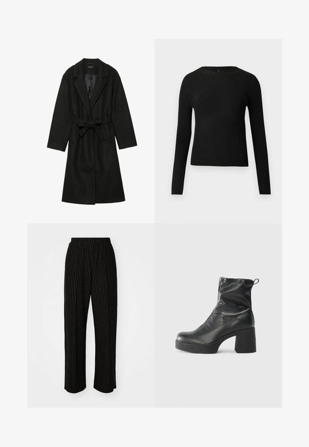 Even&Odd BELTED COAT - Klasikinis paltas - black; Juoda dryžuota ilga rankovė prigludusi megztinis su apvalia iškirpte, pateiktas prieš paprastą šviesią fono.; Juodi, plačių kojų kelnės su baltomis vertikaliomis juostelėmis, su elastinga juosmens juosta, užtikrinančia komfortą, ir sklandžia, minkšta tekstūra.; Juodos kulkšninių botai, pagaminti iš lygaus odos, su šoniniu užtrauktuku, masyviu tekstūruotu kulnu ir apvaliu pirštu.