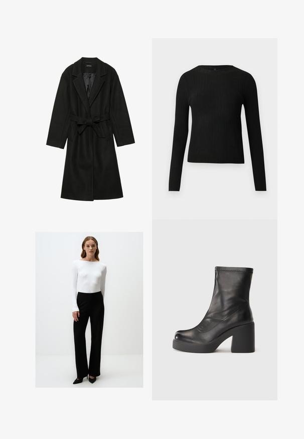 Even&Odd BELTED COAT - Mantel - black; Zwarte geribde langochtriem trui met een ronde halslijn, weergegeven tegen een effen lichte achtergrond.; Witte ribbelige top met lange mouwen, gecombineerd met hoge zwarte brede broek en zwarte puntige hakken, minimalistisch ontwerp, geen patronen.; Zwarte leren laars tot net onder de kuit met een stevige blokhak en platformzool op een effen witte achtergrond.