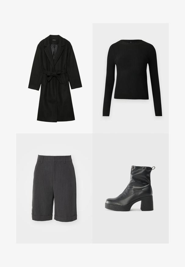Even&Odd BELTED COAT - Klassisk kåpe / frakk - black; Svart ribbestrikket langermet tettsittende genser med rund hals, vist mot en ensfarget lys bakgrunn.; ONLY ONLCANA BERMUDA - Shorts - dark grey melange/white; Svarte ankelstøvler laget av glatt lær, med glidelås på siden, chunky strukturert hæl, og rund tå-design.