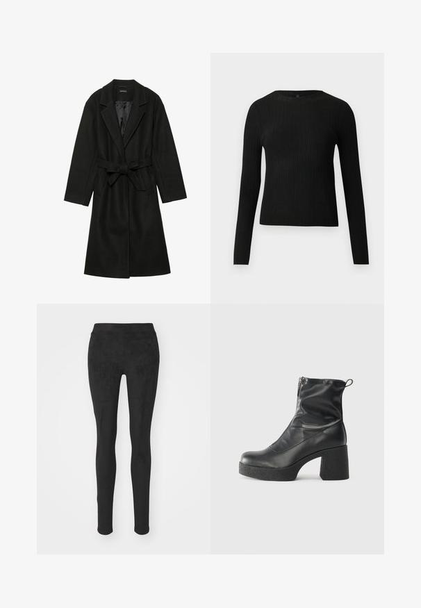 Even&Odd BELTED COAT - Klasszikus kabát - black; Fekete bordázott, hosszú ujjas, testhez simuló pulóver kerek nyakkivágással, világos, egyszínű háttér előtt kiemelve.; Fekete leggings puha, rugalmas anyagból. Magas derékú, sima, matt felületű, látható varratok vagy minták nélkül.; Fekete bokacsizmák sima bőrből, oldalsó cipzárral, vastag, texturált sarkú és lekerekített orrú dizájnnal.