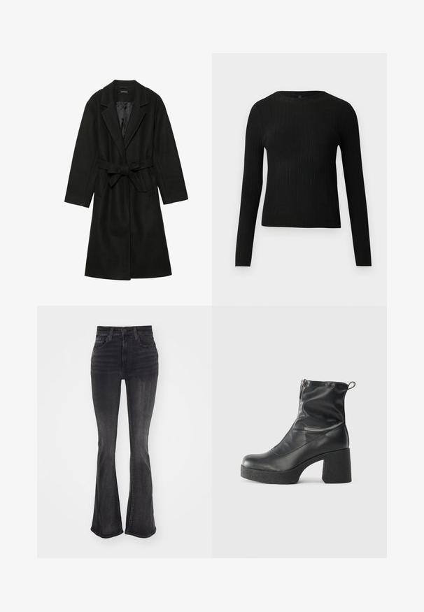 Even&Odd BELTED COAT - Klassisk kåpe / frakk - black; Svart ribbestrikket langermet tettsittende genser med rund hals, vist mot en ensfarget lys bakgrunn.; Levi's® TWISTED 725 - Jeans bootcut - shining brighter; Svarte ankelstøvler laget av glatt lær, med glidelås på siden, chunky strukturert hæl, og rund tå-design.