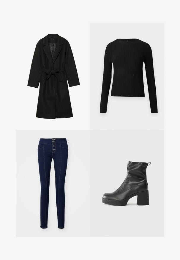 Even&Odd BELTED COAT - Klasszikus kabát - black; Fekete bordázott, hosszú ujjas, testhez simuló pulóver kerek nyakkivágással, világos, egyszínű háttér előtt kiemelve.; Sötétkék, szűk szabású farmernadrág magas derekkal, öt gombos záródással, kontrasztos varrással és elülső zsebekkel.; Fekete bokacsizmák sima bőrből, oldalsó cipzárral, vastag, texturált sarkú és lekerekített orrú dizájnnal.