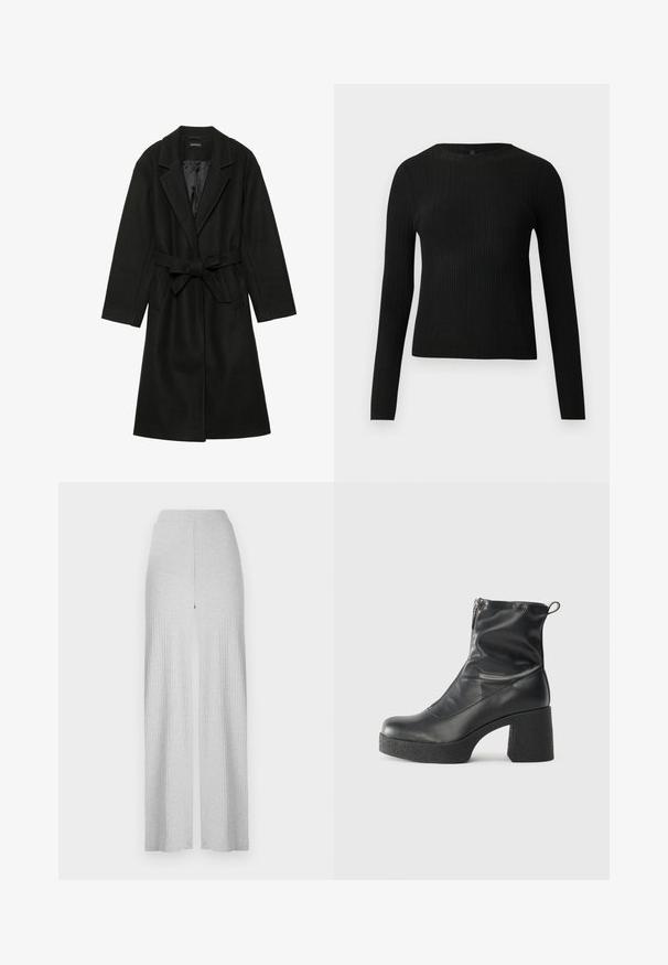 Even&Odd BELTED COAT - Klasikinis paltas - black; Juoda dryžuota ilga rankovė prigludusi megztinis su apvalia iškirpte, pateiktas prieš paprastą šviesią fono.; Šviesiai pilkos suknelės plačiakojės kelnės su aukšta juosmens juosta ir priekinę plyšį. Pagamintos iš švelnios medžiagos su lygiu tekstūru.; Juodos kulkšninių botai, pagaminti iš lygaus odos, su šoniniu užtrauktuku, masyviu tekstūruotu kulnu ir apvaliu pirštu.