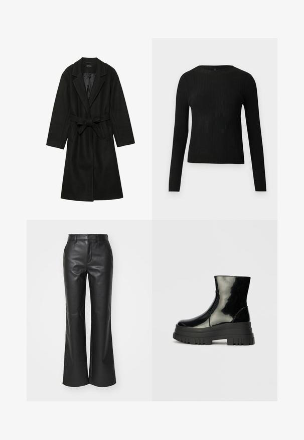 Even&Odd BELTED COAT - Klasszikus kabát - black; Fekete bordázott, hosszú ujjas, testhez simuló pulóver kerek nyakkivágással, világos, egyszínű háttér előtt kiemelve.; Fekete bőrből készült, átlósan bővülő nadrág sima felülettel, övbújtatókkal és oldalsó zsebekkel; modern, szabott megjelenésre tervezve.; Fekete fényes boka csizma vastag bordázott talppal és kerek orral, oldalnézet világos szürke háttér előtt.