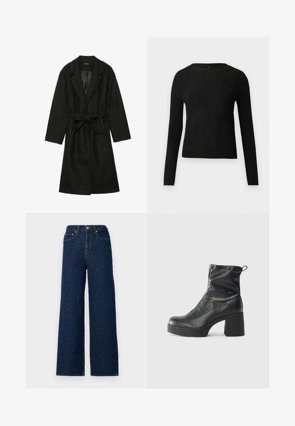 Even&Odd BELTED COAT - Klasikinis paltas - black; Juoda dryžuota ilga rankovė prigludusi megztinis su apvalia iškirpte, pateiktas prieš paprastą šviesią fono.; Plačios džinsinės kelnės iš tamsiai mėlynos džinsinio audinio, su aukštu juosmeniu, klasikiniu penkių kišenių dizainu ir kontrastingomis siūlėmis.; Juodos kulkšninių botai, pagaminti iš lygaus odos, su šoniniu užtrauktuku, masyviu tekstūruotu kulnu ir apvaliu pirštu.