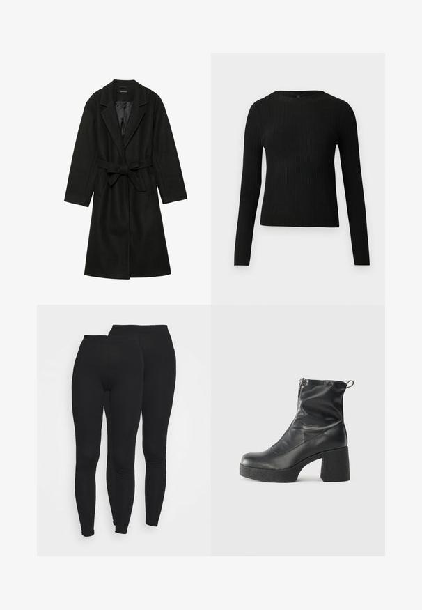 Even&Odd BELTED COAT - Klasický kabát - black; Černý žebrovaný dlouhý rukáv těsně padnoucí svetr s kulatým výstřihem, vystavený na jednoduchém světlém pozadí.; Černé legíny s elastickým pasem, vyrobené z hladké, elastické tkaniny. Mají přiléhavý střih, který se zužuje u kotníků.; Černé kotníkové boty vyrobené z hladké kůže, s bočním zipem, robustním strukturovaným podpatkem a kulatou špičkou.