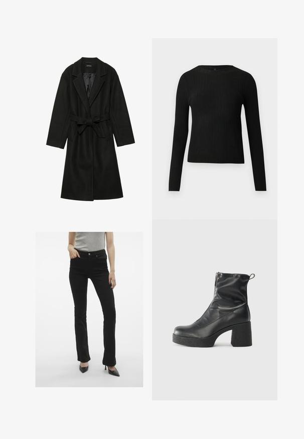 Even&Odd BELTED COAT - Klasszikus kabát - black; Fekete bordázott, hosszú ujjas, testhez simuló pulóver kerek nyakkivágással, világos, egyszínű háttér előtt kiemelve.; Fekete, bővülő szabású farmernadrág sima felülettel, öt zsebes kivitelben, fémből készült gombbal záródik, fekete, hegyes orrú magassarkú cipővel párosítva.; Fekete bokacsizmák sima bőrből, oldalsó cipzárral, vastag, texturált sarkú és lekerekített orrú dizájnnal.