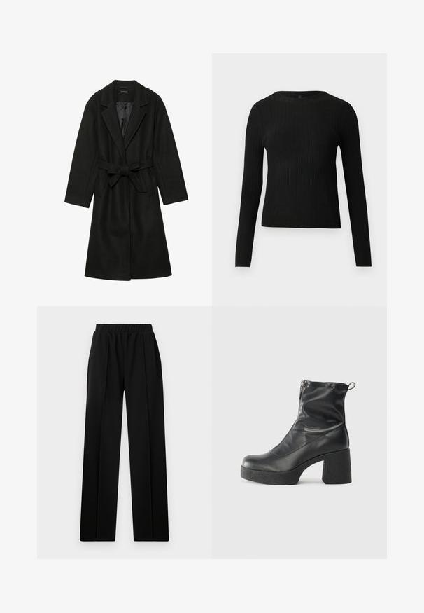 Even&Odd BELTED COAT - Classic coat - black; Black ribbed long-sleeve fitted sweater with a round neckline, displayed against a plain light background.; Black wide-leg trousers with an elastic waistband, featuring a smooth fabric texture and no visible patterns or accents.; Black ankle boots made of smooth leather, featuring a side zipper, chunky textured heel, and rounded toe design.
