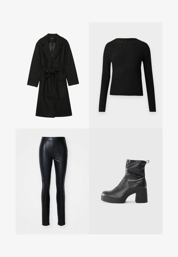 Even&Odd BELTED COAT - Klasični plašč - black; Črna rebrasta dolgosleeve prilegnjena pulover s krožnim ovratnikom, prikazan na enostavni svetli podlagi.; Črne hlače iz umetnega usnja s prilegajočim dizajnom, ki imajo šive na sprednji strani in zadrge na spodnjem robu nogavic za dodaten slog.; Črne gležnjarje iz gladke kože z božnim zadrgo, masivnim teksturiranim peto in zaobljeno obliko prstov.