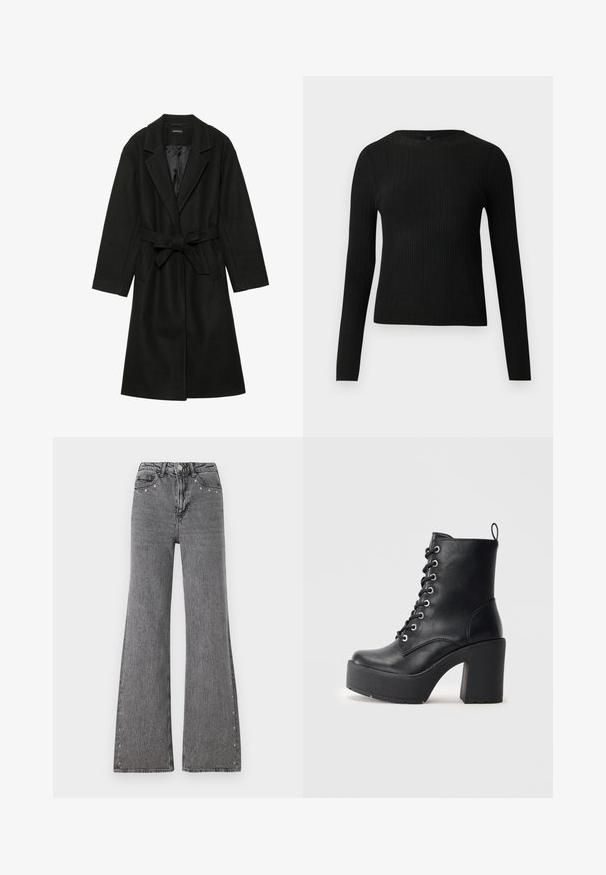 Even&Odd BELTED COAT - Casaco clássico - black; Suéter preto de mangas compridas com textura canelada, justo ao corpo, com um decote redondo, exibido contra um fundo claro e liso.; Calças largas em denim cinza com uma cintura alta, bolsos frontais e tachas decorativas ao longo das costuras laterais. Textura suave.; Botim de pele preta até ao tornozelo com um salto bloco chunky, frente com atacadores e superfície texturizada. Apresenta uma lingueta na parte de trás para um uso fácil.