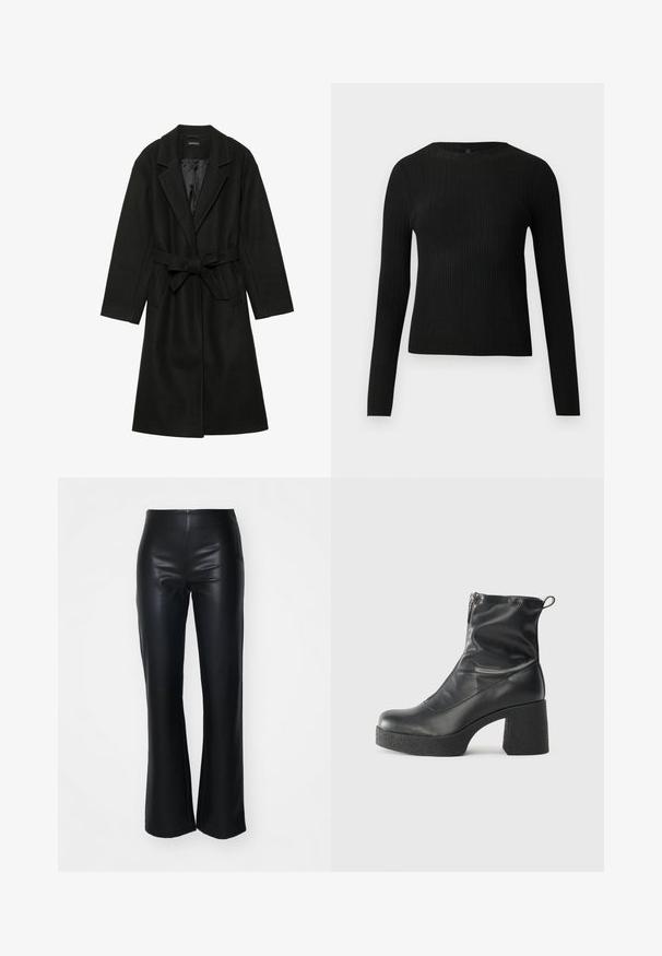 Even&Odd BELTED COAT - Classic coat - black; Black ribbed long-sleeve fitted sweater with a round neckline, displayed against a plain light background.; Black faux leather flared pants with a smooth texture, featuring a fitted waist and slightly flared legs, designed for a sleek silhouette.; Black ankle boots made of smooth leather, featuring a side zipper, chunky textured heel, and rounded toe design.