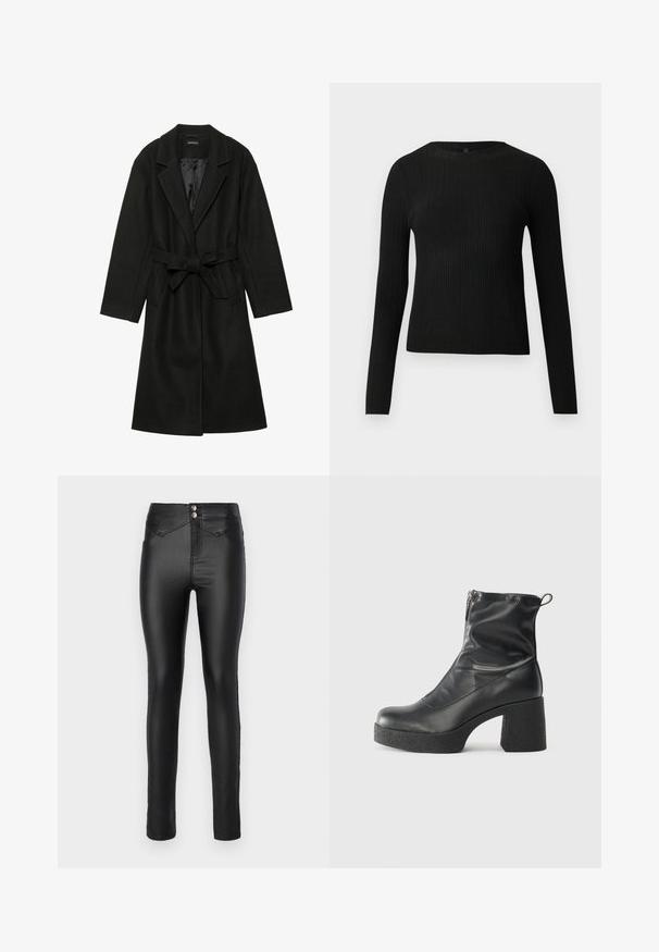 Even&Odd BELTED COAT - Klasický kabát - black; Čierny rebrovaný pulóver s dlhým rukávom, priliehajúci, s okrúhlym výstrihom, vystavený na jednoduchom svetlom pozadí.; Čierne, vysoké skinny džínsy vyrobené z hladkého, elastického materiálu. Dva strieborné gombíky v páse a minimálne švy.; Čierne členkové topánky z hladkej kože, so bočným zipsom, robustnou textúrovanou pätnou časťou a zaobleným dizajnom špičky.