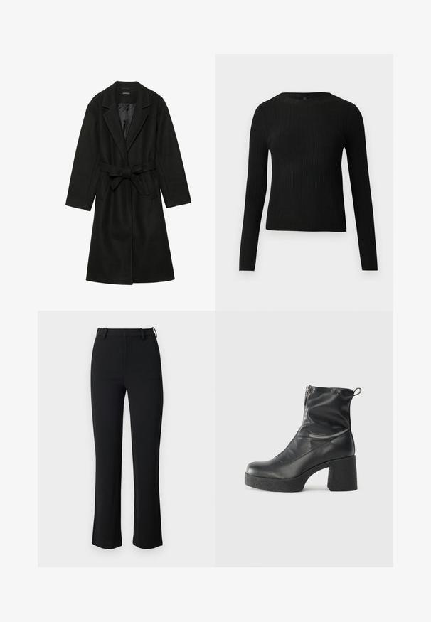 Even&Odd BELTED COAT - Manteau classique - black; Pull ajusté noir à manches longues et côtelé avec un col rond, présenté sur un fond clair uni.; Pantalons noirs en tissu lisse et extensible, dotés d'une taille ajustée, de passants de ceinture et de jambes légèrement évasées avec des fentes latérales.; Bottes noires à la cheville en cuir lisse, dotées d'une fermeture éclair sur le côté, d'un talon épais texturé et d'une conception à bout rond.