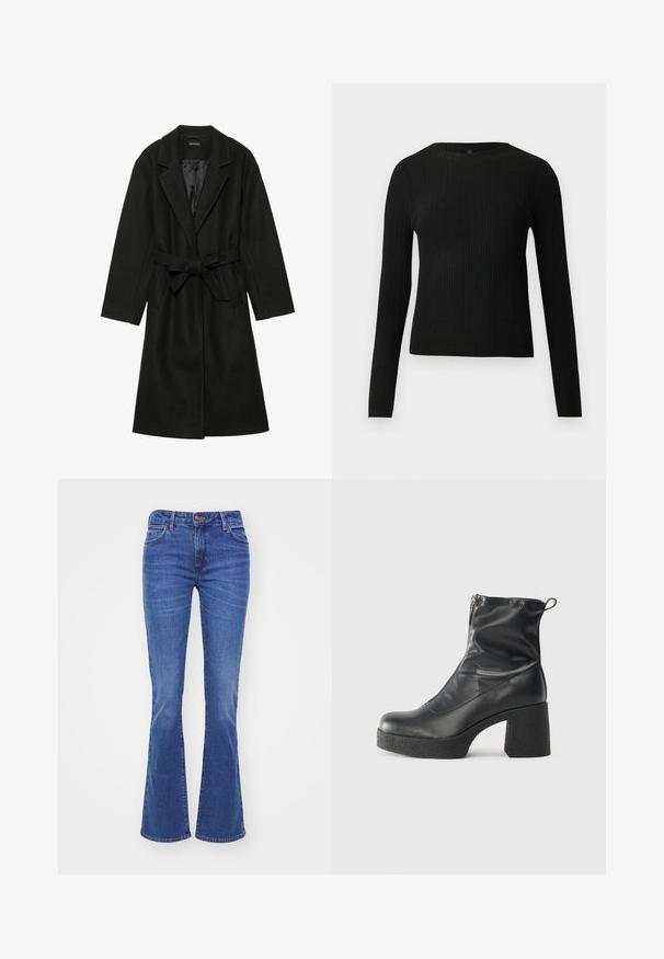 Even&Odd BELTED COAT - Casaco clássico - black; Suéter preto de mangas compridas com textura canelada, justo ao corpo, com um decote redondo, exibido contra um fundo claro e liso.; Jeans bootcut em denim azul médio, apresentando uma cintura alta, design de cinco bolsos e desbotamento sutil nas coxas para textura.; Botas de tornozelo pretas feitas de couro liso, com fecho lateral, salto grosso texturizado e design de bico arredondado.