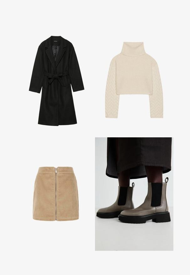 Even&Odd BELTED COAT - Klassinen takki - black; Kermanvärinen lyhythihainen neulepaita, jossa on korkea kaulus, teksturoitu neulepinta ja herringbone-kuvioiset hihat. Valmistettu pehmeästä lankamateriaalista.; Beige corduroy mini-hame, jossa on pystyribattua tekstuuria, korkea vyötärö ja etuvetoketju. Yksinkertainen muotoilu puhtailla linjoilla.; Harmaat nilkkurit, jotka on valmistettu teksturoidusta nahasta ja joissa on joustavat sivupaneelit sekä paksu musta pohja. Varustettu vetoketjuilla, jotka helpottavat pukemista.