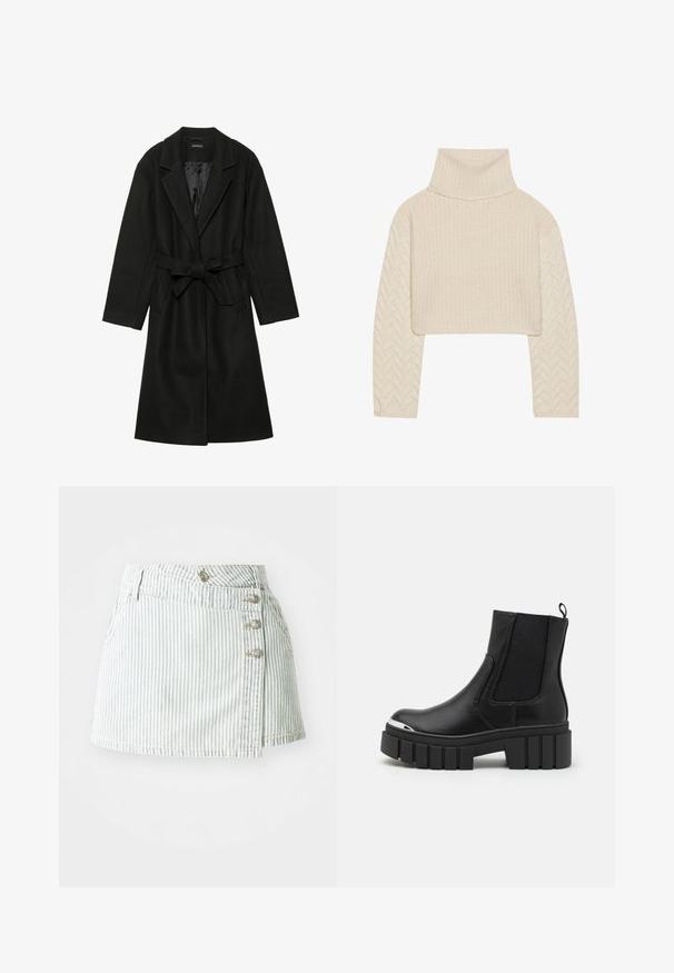 Even&Odd BELTED COAT - Klasszikus kabát - black; Tejkrémszínű, rövid fazonú pulóver magas nyakkivágással, struktúrált kötött testtel és halszálka mintázatú ujjal. Puha fonalból készült.; Világoskék csíkos farmer szoknya átkötős dizájnnal, öt díszgombbal az oldalon és sima textúrával.; Fekete boka csizmák sima bőrből, elasztikus panelek, vastag platform talp és fém orrrész jellemzi őket.