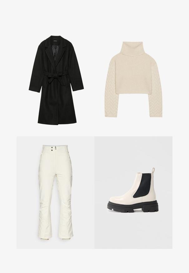 Even&Odd BELTED COAT - Klasičan kaput - black; Kremasti skraćeni pulover s visokim ovratnikom, tijelo od teksturiranog pletenja i rukavi s uzorkom riblje kosti. Izrađen od mekog prediva.; Bijele skijaške hlače s visokim strukom, dva prednja džepa sa zatvaračima i elastičnim manžetama. Glatka tekstura s malo labavim fitom pri dnu.; Krem kožne Chelsea čizme s debelim crnim đonom i elastičnim crnim bočnim panelom na jednostavnoj bijeloj pozadini.