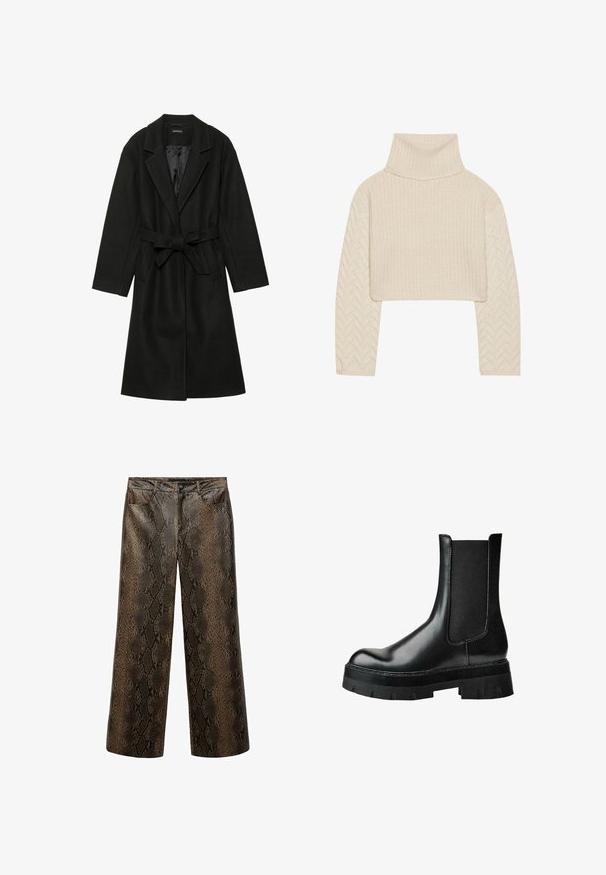 Even&Odd BELTED COAT - Klasický kabát - black; Krémově zbarvený zkrácený svetr s vysokým límcem, texturovaným pleteným tělem a rukávy s rybí kostrou. Vyrobeno z měkké příze.; Široké kalhoty s lesklým, texturovaným hadím potiskem v odstínech hnědé a černé, se stylizací klasických pěti kapes a zapínáním na knoflík.; Černá kožená kotníková bota s elastickým bočním panelem, kulatou špičkou, masivní platformovou podrážkou a strukturovaným svrškem pro lepší přilnavost.