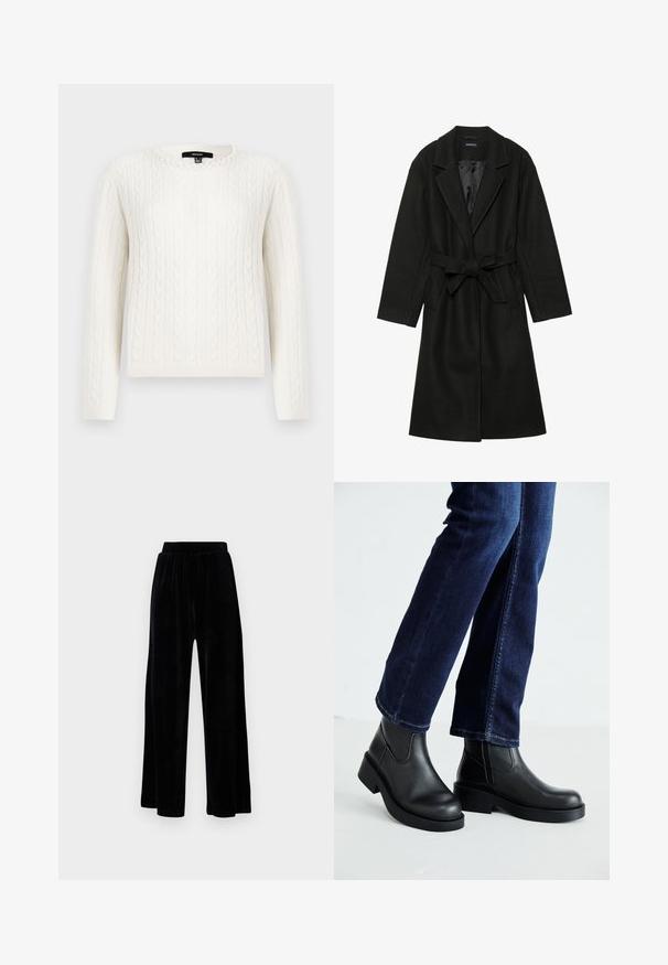 Even&Odd BELTED COAT - Klasický kabát - black; Bílý svetr s pleteninou, dlouhými rukávy, kulatým výstřihem a dekorativním perlovým akcentem na límci. Měkká textura a přiléhavý design.; Černé kalhoty širokého střihu vyrobené z měkkého sametu, s elastickým pasem a hladkým povrchem, bez viditelných detailů nebo vzorů.; Černé kožené kotníkové boty s robustní podrážkou a elastickými bočními panely, v kombinaci s tmavomodrými džíny. Půda je světlé barvy.