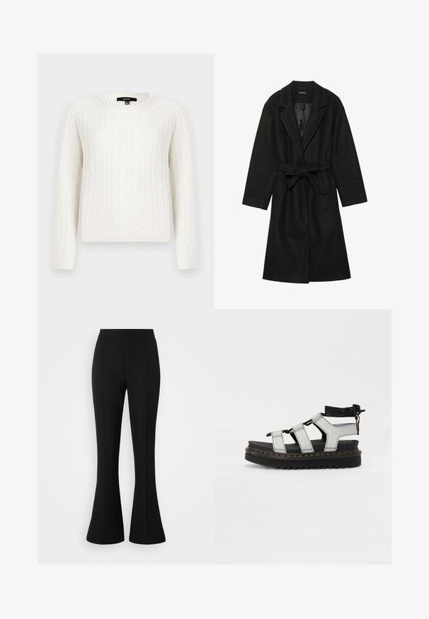 Even&Odd BELTED COAT - Klasisks mētelis - black; Balts adīts džemperis ar garām piedurknēm, apaļu kaklu un dekoratīvu pērļu akcentu pie apkakles. Mīksta tekstūra un pieguloša fasona.; Melni plati bikses, izgatavotas no elastīga auduma, ar gludu virsmu, augsto jostasvietu un šuvju detaļām pa priekšpusi.; Melnas platforma sandales ar pelēkām siksnām, kas piedāvā kontrastējošas dzeltenas šuvēs, regulējamu auklu ap potīti un teksturētu zoli.