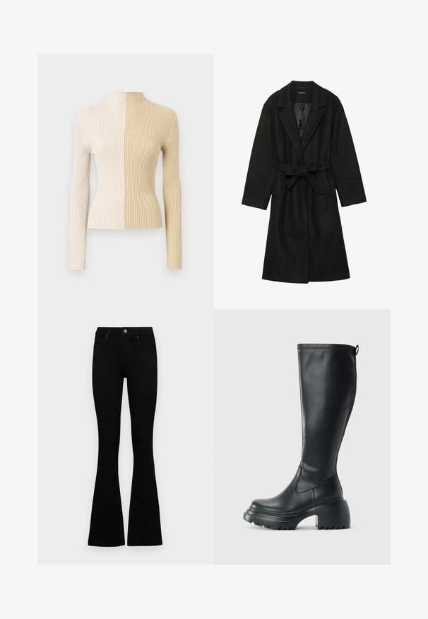 Even&Odd BELTED COAT - Casaco clássico - black; Sweater canelado de gola alta com mangas longas, apresentando um design em duas tonalidades em creme e bege, destacando texturas e cores contrastantes.; Jeans pretos de cintura alta com fecho de botão e zíper, bolsos frontais e pernas largas dispostos em cima de um fundo branco.; Bota preta de couro alta com sola de plataforma robusta e salto bloco, apresentando puxador e padrão texturizado na sola.