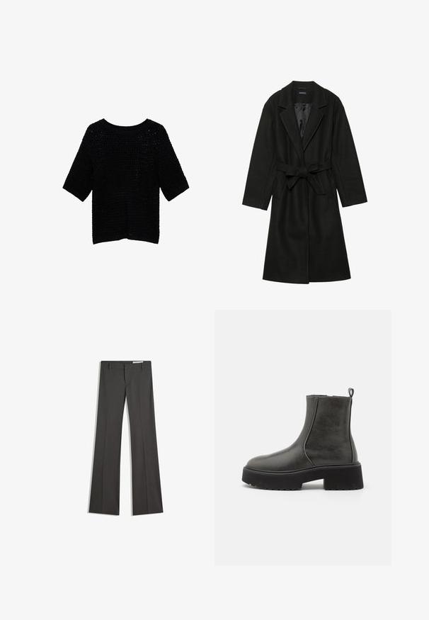 Even&Odd BELTED COAT - Klasický kabát - black; Černý pletený svetr s krátkými rukávy, širokým výstřihem a volným střihem. Obsahuje texturovaný vzor s otevřenými stehy.; Šedé rozšířené kalhoty z hladkého materiálu, se splývavým předním dílem, poutky na opasek a přiléhavým střihem s čistými liniemi.; Černé kotníkové boty s hladkým syntetickým svrškem, elastickými bočními panely, poutkem na zadní straně a robustní gumovou podrážkou.