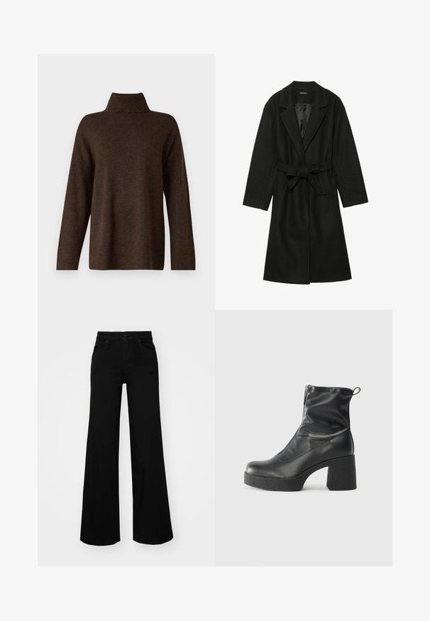 Even&Odd BELTED COAT - Klassikaline mantel - black; Pruun koondatud kootud särk kõrge sooniku kaelusega, laia varrukatega ja pehme tekstuuriga. Omab lõdvaist sobivust ning soonikaktsente varrukatel.; Mustad mustad püksid, mis on valmistatud denimist, struktuurse vöökohtade, vöökootidega ja esikottidega. Sile tekstuur klassikalise disainiga.; Mustad mustad ansapüksid, mis on valmistatud siledast nahast, külje zipperiga, paksu tekstuuriga kontsaga ja ümmarguse nina disainiga.