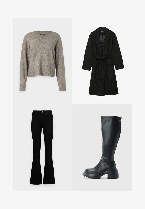 Even&Odd BELTED COAT - Klassisk kåpe / frakk - black; V-hals, langermet genser i lys grå strikket stoff med ribbestrikket kant. Lett tekstur, litt cropped design med avslappet passform.; Sorte høytlivsjeans med knapp og glidelås, frontlommer og utsvingte bein liggende flatt på en hvit bakgrunn.; Høy svart lærstøvel med chunky plattformsåle og blokkhelt, med trekkstang og teksturert mønster på yttersålen.