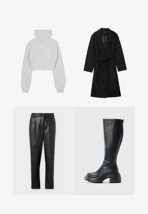 Even&Odd BELTED COAT - Klasický kabát - black; Světle šedý zkrácený pletený svetr s vysokým rolákem, širokými rukávy a texturovaným žebrovaným vzorem. Měkký materiál s mírně volným střihem.; Černé kožené kalhoty s hladkou texturou, rovným střihem, elastickým pasem a zapínáním na knoflík vpředu; s plisovanými detaily a zúženými nohavicemi.; Vysoká černá kožená bota s masivní platformou a blokovým podpatkem, s poutkem a texturovaným vzorkem na podrážce.