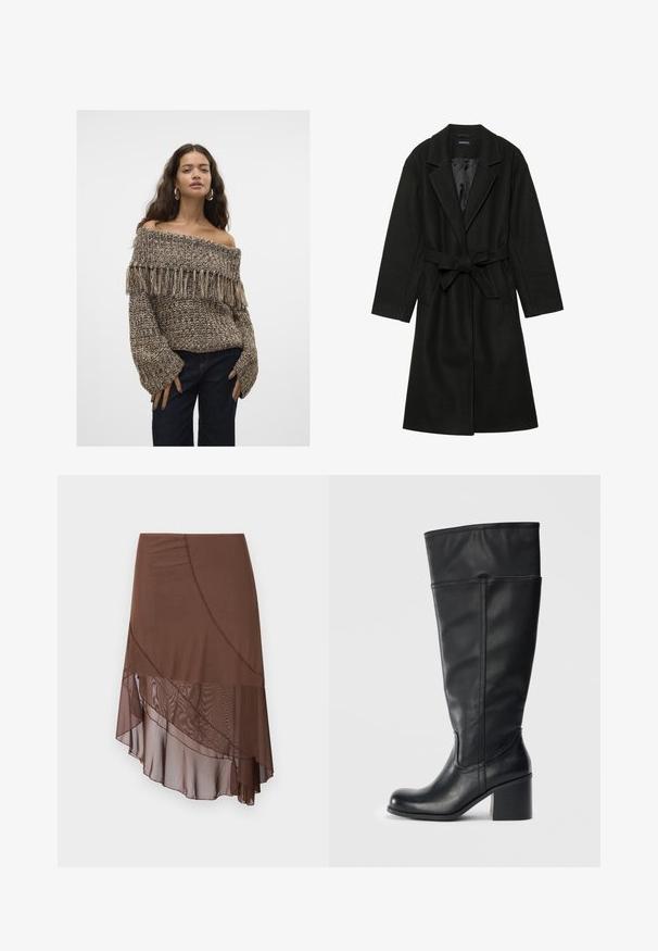 Even&Odd BELTED COAT - Klassischer Mantel - black; Off-Shoulder Strickpullover mit Fransen-Details, in Braun- und Beigetönen, aus strukturiertem Material und mit weiten Ärmeln.; Brauner, mehrlagiger Rock mit fließendem Design, der eine glatte oberste Schicht und eine transparente, strukturierte Unterschicht zeigt, die asymmetrisch fällt.; Knöchelhohe schwarze Lederstiefel mit Blockabsatz, glatter Textur und Steppdetail an den Seiten. Schlichtes und modernes Design.