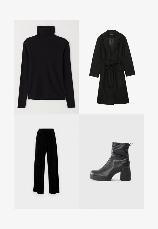 Even&Odd BELTED COAT - Klasszikus kabát - black; Fekete garbó pulóver bordázott anyagból. Hosszú ujjak, testhezálló forma, és enyhén lazább alj, látható minták vagy fémrészek nélkül.; Fekete, széles szárú nadrág puha velúrból, rugalmas derékkal és sima textúrával, látható díszítés vagy mintázat nélkül.; Fekete bokacsizmák sima bőrből, oldalsó cipzárral, vastag, texturált sarkú és lekerekített orrú dizájnnal.