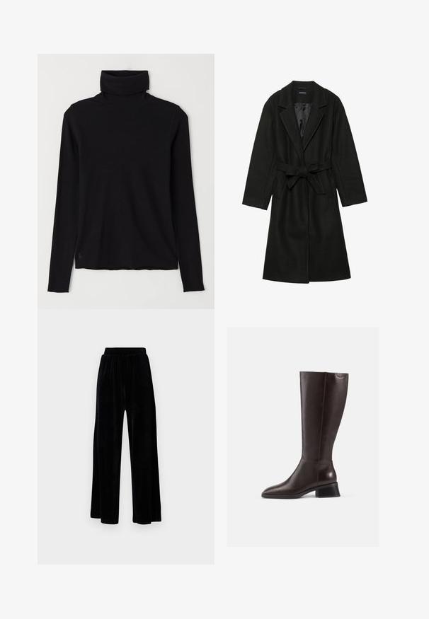 Even&Odd BELTED COAT - Klasszikus kabát - black; Fekete garbó pulóver bordázott anyagból. Hosszú ujjak, testhezálló forma, és enyhén lazább alj, látható minták vagy fémrészek nélkül.; Fekete, széles szárú nadrág puha velúrból, rugalmas derékkal és sima textúrával, látható díszítés vagy mintázat nélkül.; Térdfeletti barna bőrcipők sima felülettel, lekerekített orral és fekete, rétegelt sarokkal. Egyszerű dizájn minimális fémszerelvényekkel.