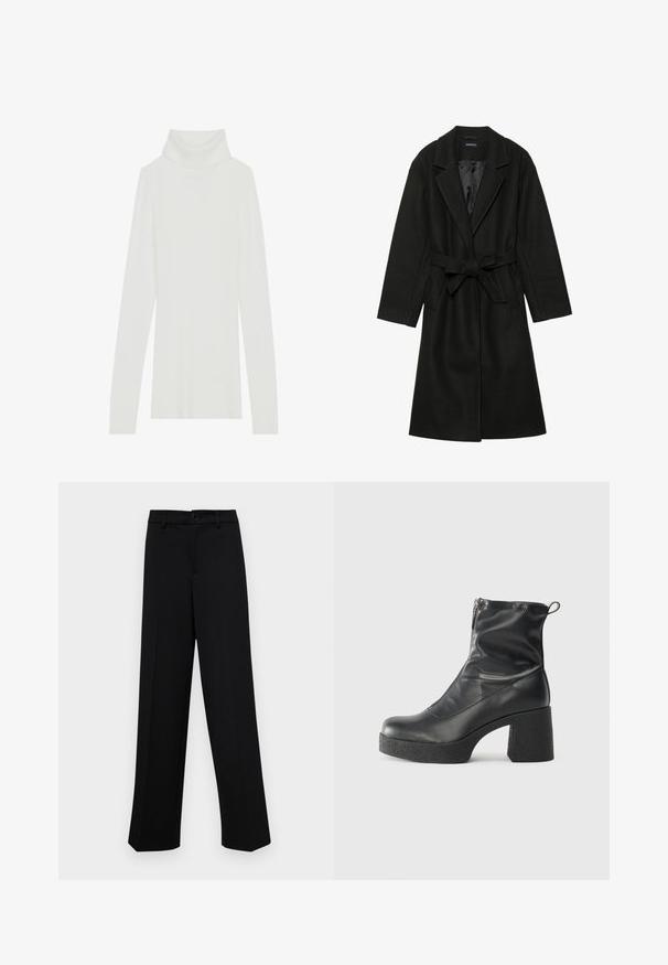 Even&Odd BELTED COAT - Klassischer Mantel - black; Weißer, gerippter Rollkragenpullover mit langen Ärmeln, weichem Material und hohem Rollkragen. Hat ein tailliertes Design und keine sichtbaren Verschlüsse.; Schwarze, weit geschnittene Hosen aus glattem Stoff, mit einem klassischen Taillenbund und einem Knopfverschluss sowie vorderen Falten.; Schwarze Stiefeletten aus glattem Leder mit seitlichem Reißverschluss, klobigem strukturiertem Absatz und runder Zehenform.