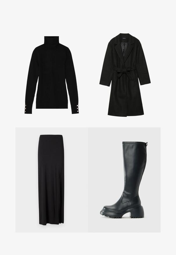 Even&Odd BELTED COAT - Klasický kabát - black; Černý rolák s žebrovanou texturou. Má přiléhavé dlouhé rukávy s třemi stříbrnými knoflíky na každém manžetě.; Černá maxi sukně vyrobená z měkkého, elastického materiálu. Obsahuje boční rozparek a jednoduchý, elegantní design bez ozdob.; Vysoká černá kožená bota s masivní platformou a blokovým podpatkem, s poutkem a texturovaným vzorkem na podrážce.