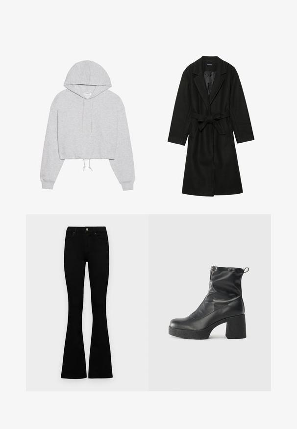 Even&Odd BELTED COAT - Klassischer Mantel - black; Grau geschnittene Kapuzenjacke aus weichem Material, mit einem verstellbaren Kapuzenzug, langen Ärmeln und gerippten Bündchen. Einfaches Design ohne Muster oder Grafiken.; Schwarze hochtaillierte Jeans mit einem Knopf- und Reißverschluss, Fronttaschen und ausgestellten Beinen, flach auf einem weißen Hintergrund ausgelegt.; Schwarze Stiefeletten aus glattem Leder mit seitlichem Reißverschluss, klobigem strukturiertem Absatz und runder Zehenform.