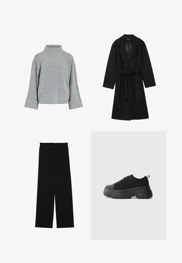 Even&Odd BELTED COAT - Klassinen takki - black; Harmaa neule, jossa on korkea kaulus, leveät hihat ja teksturoitu kangas. Ominaisuuksiin kuuluu rento istuvuus sekä ribbausvarret ja helma.; Musta leveälahkeinen housut, joissa on röyhelövyötärö, kaksi sivutaskua ja sileä, kevyt kangas. Ei näkyviä kuvioita tai metalliosia.; Mustat urheilukengät, joissa on paksu kumipohja, teksturoitu kangasvarsi, pyöreä kärki ja nauhalukitus. Varusteena vahvistetut nauhareiät ja takana vetotanko.