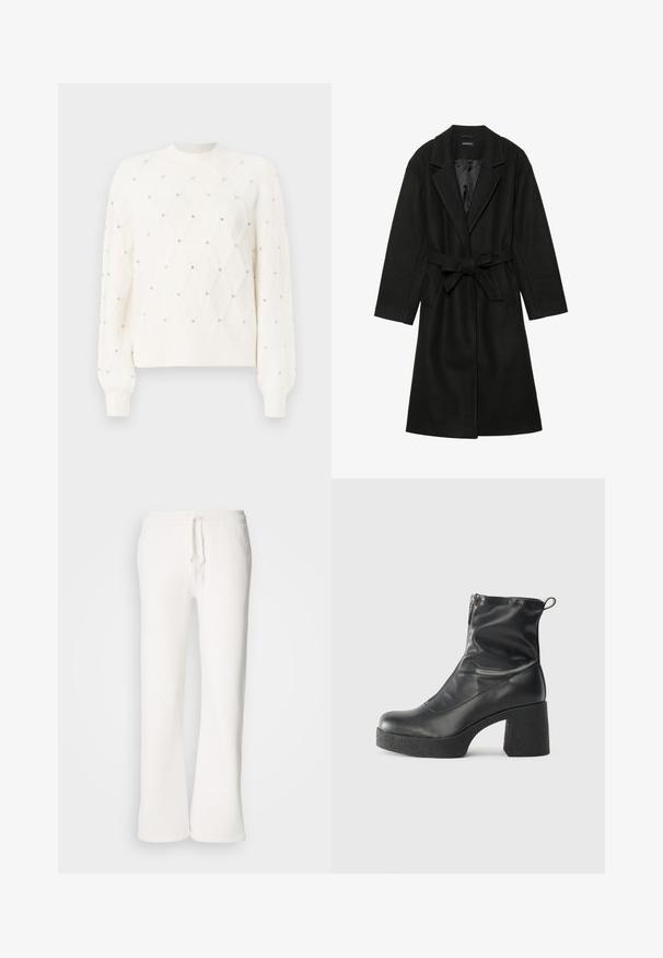 Even&Odd BELTED COAT - Casaco clássico - black; Sweater branco tricotado com um padrão de diamante, decorado com pequenos strass. Apresenta um decote redondo canelado e mangas longas.; Calças de fato brancas, de corte descontraído, feitas de um tecido macio, com um cós elástico e um cordão de ajuste, apresentando um design de pernas retas.; Botas de tornozelo pretas feitas de couro liso, com fecho lateral, salto grosso texturizado e design de bico arredondado.