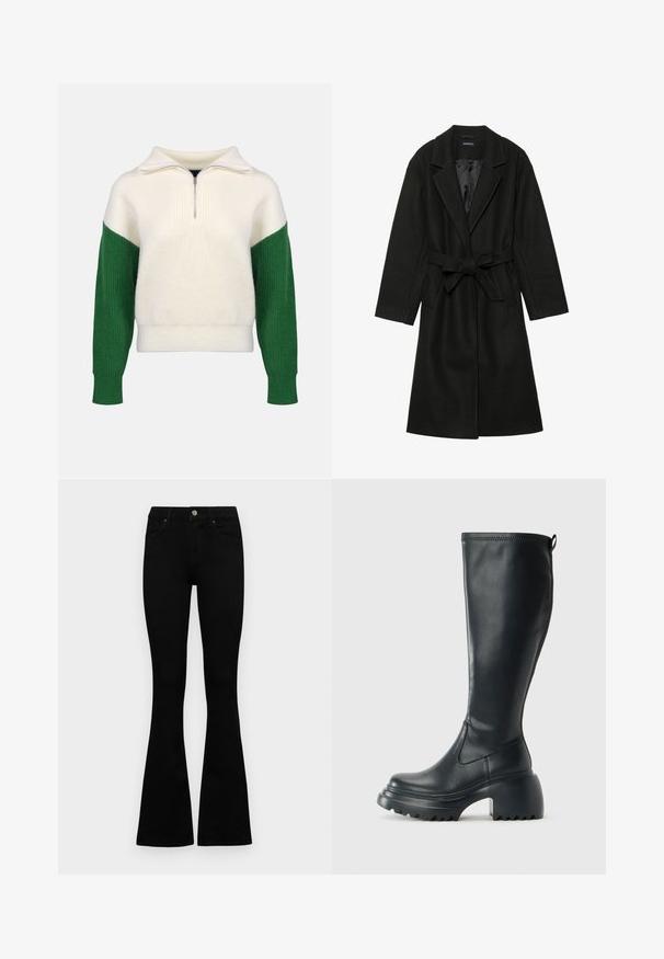 Even&Odd BELTED COAT - Klasični plašč - black; Pulover iz preje s četrtinskim zadrgo. Kremasta barva telesa z rebrastimi zelenimi rokavi. Mehak material, sproščen kroj, kontrastni barvni bloki.; Črne visokotopne kavbojke z gumbom in zadrgo, sprednjimi žepi in razširjenimi hlačnicami, poleg bel background.; Visoka črna usnjena škornja s debelim podplatnim solejem in blok peto, opremljena s potegom in strukturiranim profilom na podplatu.