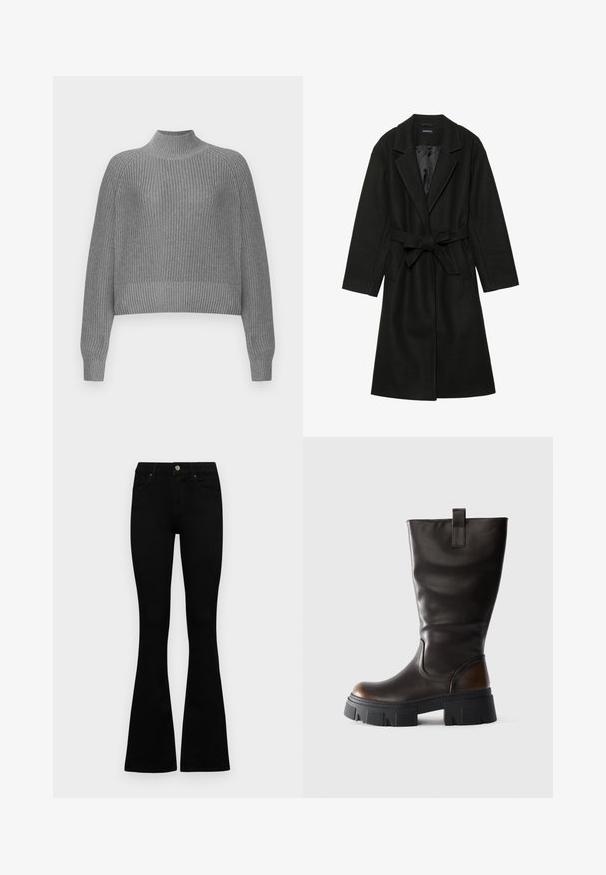 Even&Odd BELTED COAT - Casaco clássico - black; Sweater cinza com nervuras, com gola alta, ombros caídos e mangas longas. Apresenta um tricot texturizado e uma bainha cropped.; Jeans pretos de cintura alta com fecho de botão e zíper, bolsos frontais e pernas largas dispostos em cima de um fundo branco.; Bota alta de couro preto com sola plataforma grossa preta e detalhe castanho no calcanhar, vista lateral em fundo cinza claro.