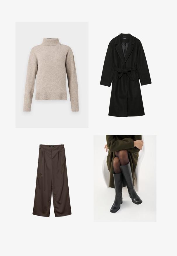 Even&Odd BELTED COAT - Klassinen takki - black; Beige turtleneck-neule, joka on valmistettu pehmeästä neulostyypistä. Ominaisuuksiin kuuluu viiruilla varustettu kaulus ja hihansuut, hieman yli kokoisten, rento istuvuus.; Laaja lahkeiden housut tummanruskeasta kankaasta, jossa on sileä pinta. Ominaisuuksiin kuuluu laskokset edessä ja tavallinen vyötärö.; Polvisuoja mustat nahastossud, millel on ruudukujuline varvas ja plokk-kints, on esitatud mudeli seljas, kes istub oliivrohelises mantlis. Sile tekstuur, minimaalne detailitus.