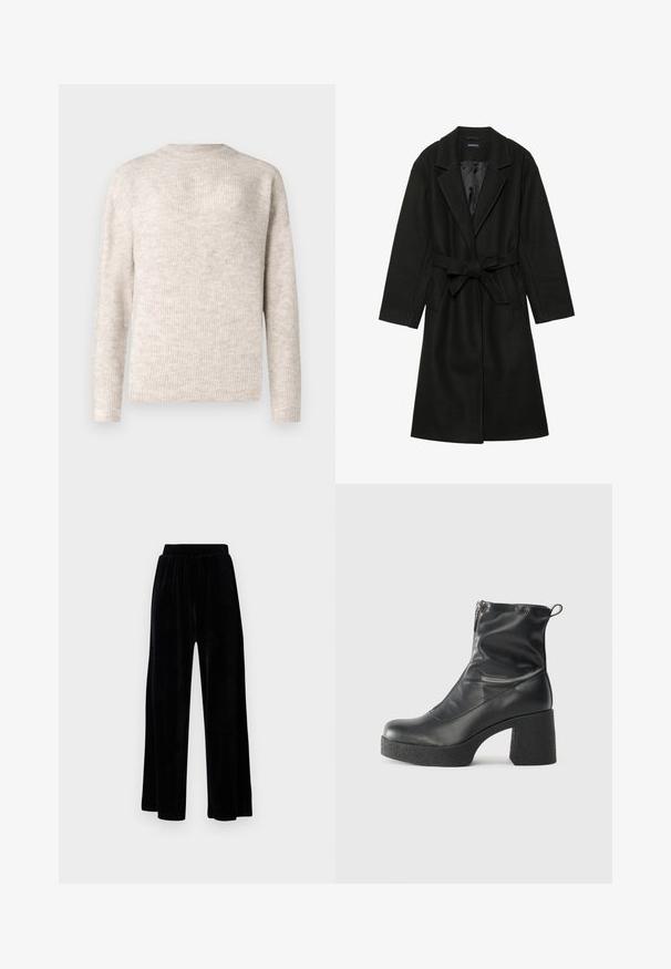 Even&Odd BELTED COAT - Klassikaline mantel - black; Helebeež, pikkade varrukatega sviiter, millel on ribakujundus ja ümmargune kaelus. Valmistatud pehmest materjalist, esitleb see lõdva istuvust.; Mustad laiad püksid, mis on valmistatud pehmest sametist, elastse vöökoha ja siledaga, ilma nähtavate detailide või mustriteta.; Mustad mustad ansapüksid, mis on valmistatud siledast nahast, külje zipperiga, paksu tekstuuriga kontsaga ja ümmarguse nina disainiga.