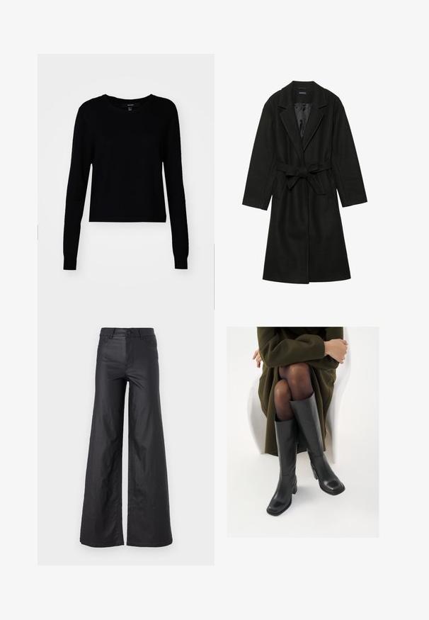 Even&Odd BELTED COAT - Κλασικό παλτό - black; Μαύρος ελκυστικός πουλόβερ με μακριά μανίκια, φτιαγμένος από μαλακό υλικό, με στρογγυλή λαιμόκοψη και cropped σχέδιο, με ριμπ μανίκια και στρίφωμα.; Μαύρο παντελόνι φαρδιάς γραμμής σε υλικό με faux δερματίνη. Διαθέτει ψηλή μέση, θηλιές ζώνης, δύο μπροστινές τσέπες και ραφές λεπτομέρειας.; Μαύρες δερμάτινες μπότες έως το γόνατο με τετράγωνη μύτη και τετράγωνο τακούνι, παρουσιασμένες με ένα μοντέλο καθιστό σε ένα ελαιόλαδο πράσινο παλτό. Λείος υφής, ελάχιστη λεπτομέρεια.