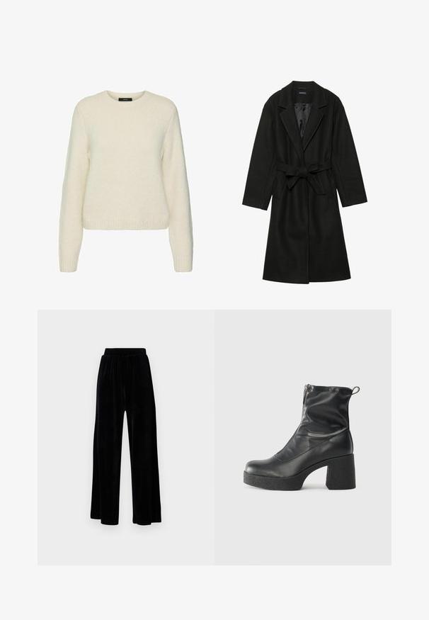 Even&Odd BELTED COAT - Klassischer Mantel - black; Weißer gestrickter Pullover mit rundem Ausschnitt, langen Ärmeln und gerippten Bündchen und Saum. Sanfte Textur und lockere Passform.; Schwarze weit geschnittene Hose aus weichem Samt, mit einem elastischen Bund und einer glatten Textur, ohne sichtbare Details oder Muster.; Schwarze Stiefeletten aus glattem Leder mit seitlichem Reißverschluss, klobigem strukturiertem Absatz und runder Zehenform.