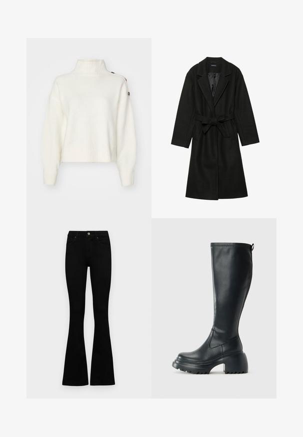 Even&Odd BELTED COAT - Classic coat - black; White, fluffy sweater with a high ribbed collar, wide sleeves, and ribbed hem. Features buttons on the shoulder for added detail.; Black high-waist jeans with a button and zip closure, front pockets, and flared legs laid flat on a white background.; Tall black leather boot with chunky platform sole and block heel, featuring pull tab and textured tread on outsole.