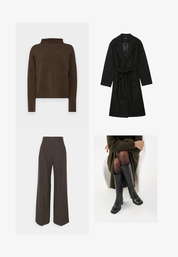 Even&Odd BELTED COAT - Klassinen takki - black; Ruskea, väärä kaula-aukko pullover-neulepaita, joka on valmistettu pehmeästä, rakenteellisesta kankaasta. Ominaisuuksiin kuuluu pitkät hihat ja rento istuvuus, jossa on laskeutuvat olkaimet.; Tummanruskeat leveälahkeiset housut korkealla vyötäröllä, joissa on siistit prässäykset, sileä pinta ja muotoonommeltu istuvuus.; Polvisuoja mustat nahastossud, millel on ruudukujuline varvas ja plokk-kints, on esitatud mudeli seljas, kes istub oliivrohelises mantlis. Sile tekstuur, minimaalne detailitus.