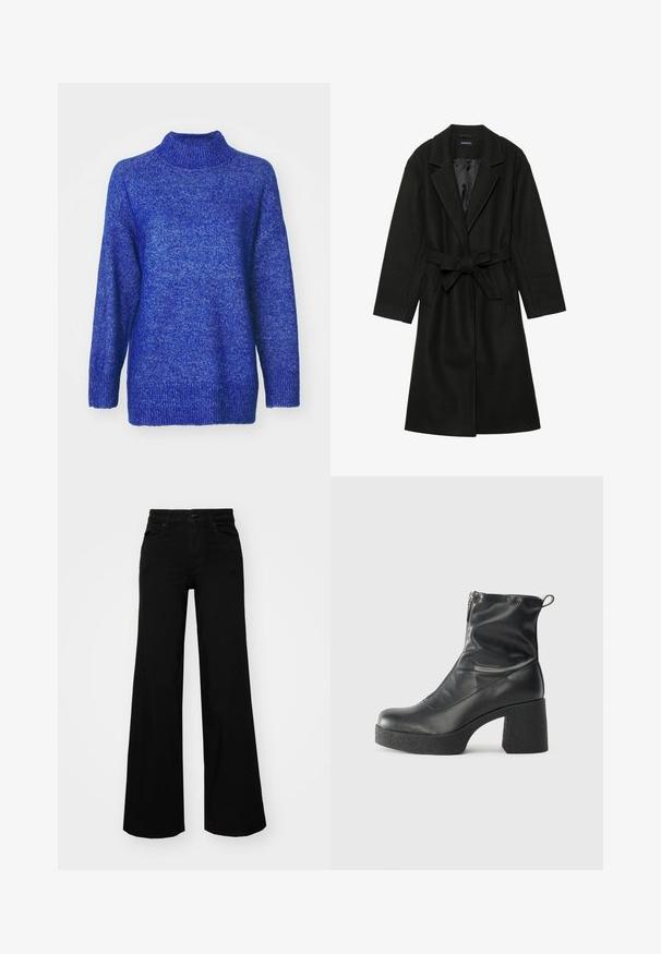 Even&Odd BELTED COAT - Klassischer Mantel - black; Blaues Strickpullover mit hohem Kragen, oversized Schnitt und gerippten Säumen. Das Material wirkt weich mit einer strukturierten Oberfläche.; Schwarze weit geschnittene Hose aus Denim, mit einem strukturierten Bund, Gürtelschlaufen und Fronttaschen. Glatte Textur mit klassischem Design.; Schwarze Stiefeletten aus glattem Leder mit seitlichem Reißverschluss, klobigem strukturiertem Absatz und runder Zehenform.